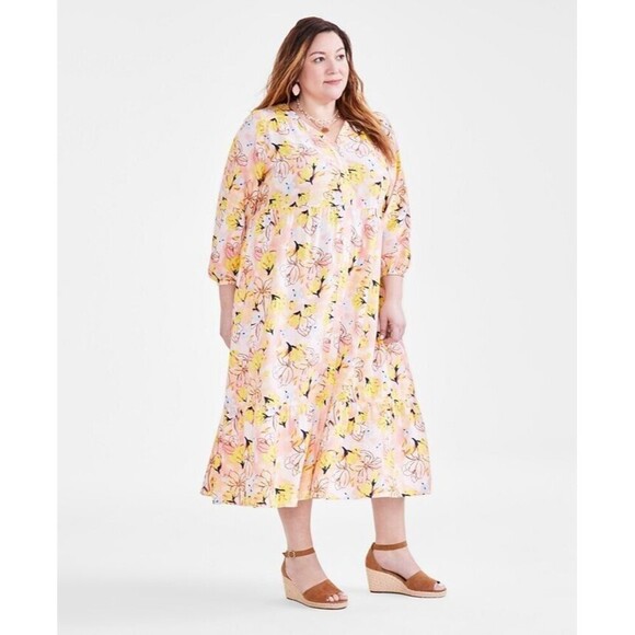 Style & Co Women's Plus Size Floral-Print Tiered Linen-Blend 3/4-Sleeve Dress 1X - Picture 2 of 8